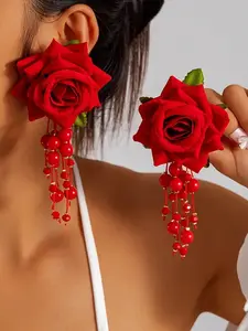 Vintage-Inspired Rose Beaded Dangle Earrings, Vintage Statement Earrings, Elegant Handmade Jewelry for Women, Perfect Party Accessory, Ideal Gift Idea