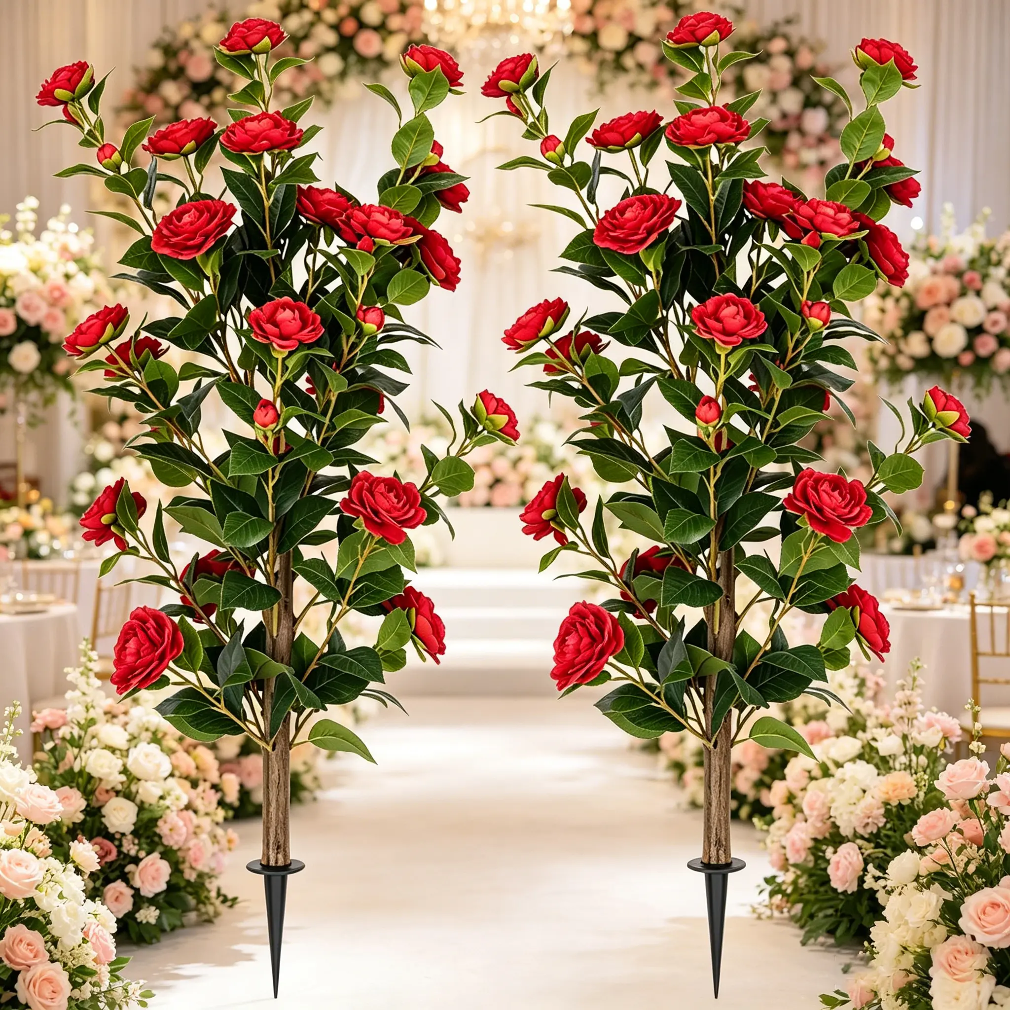 2-Pack 3FT red  Artificial Camellia Bushes, UV Resistant Lifelike Faux Flowers with Ground Spike, Zero Care Fake Floral Stems for Indoor Outdoor Patio Porch Decoration