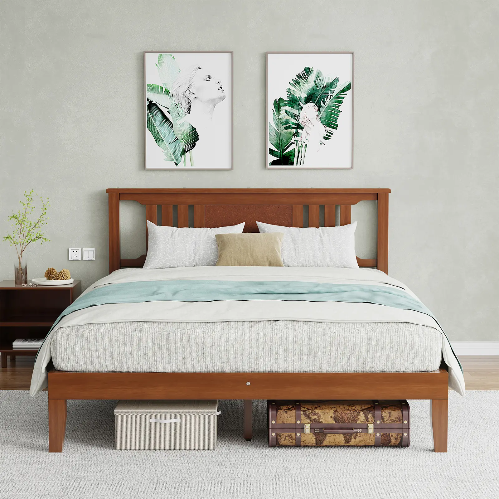 Mid Century Solid Wood Platform Bed with Headboard, Full Size Bed Frame with Wood Slat Support, No Box Spring Needed, Walnut Finish