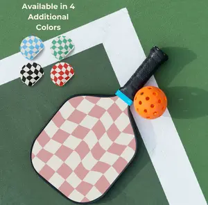 Retro Pickleball Paddle with Wavy Checkerboard Print - Black/Pink/Blue/Red/Green Pickleball Gear- Protective Case & 2 Balls Included