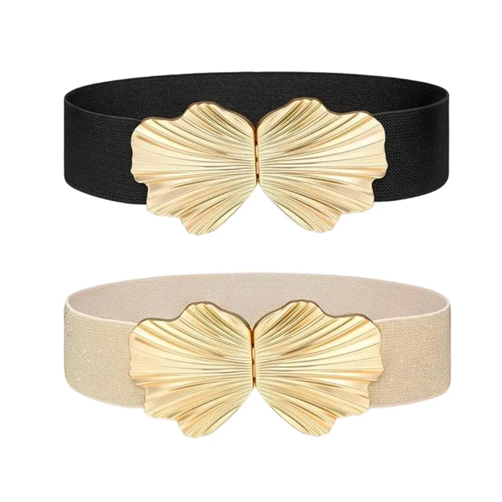 Women's 2-Pack Wide Elastic Cinch Belts, Stretchy Waist Belts for Dresses with Gold Round Buckle, Wide Belt