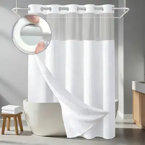 White waffle pattern waterproof shower curtain, hookless with snap-in liner. Modern minimalist bathroom curtain, a bathroom accessory suitable for home, hotel or dorm decor, also ideal as a gift.