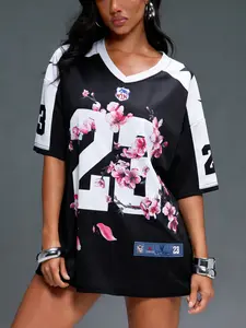 Women's Number 23 Football Jersey Tee with Floral Pattern, Fashion V-Neck Top, Casual Wear, Training, Sports Events, All Ages