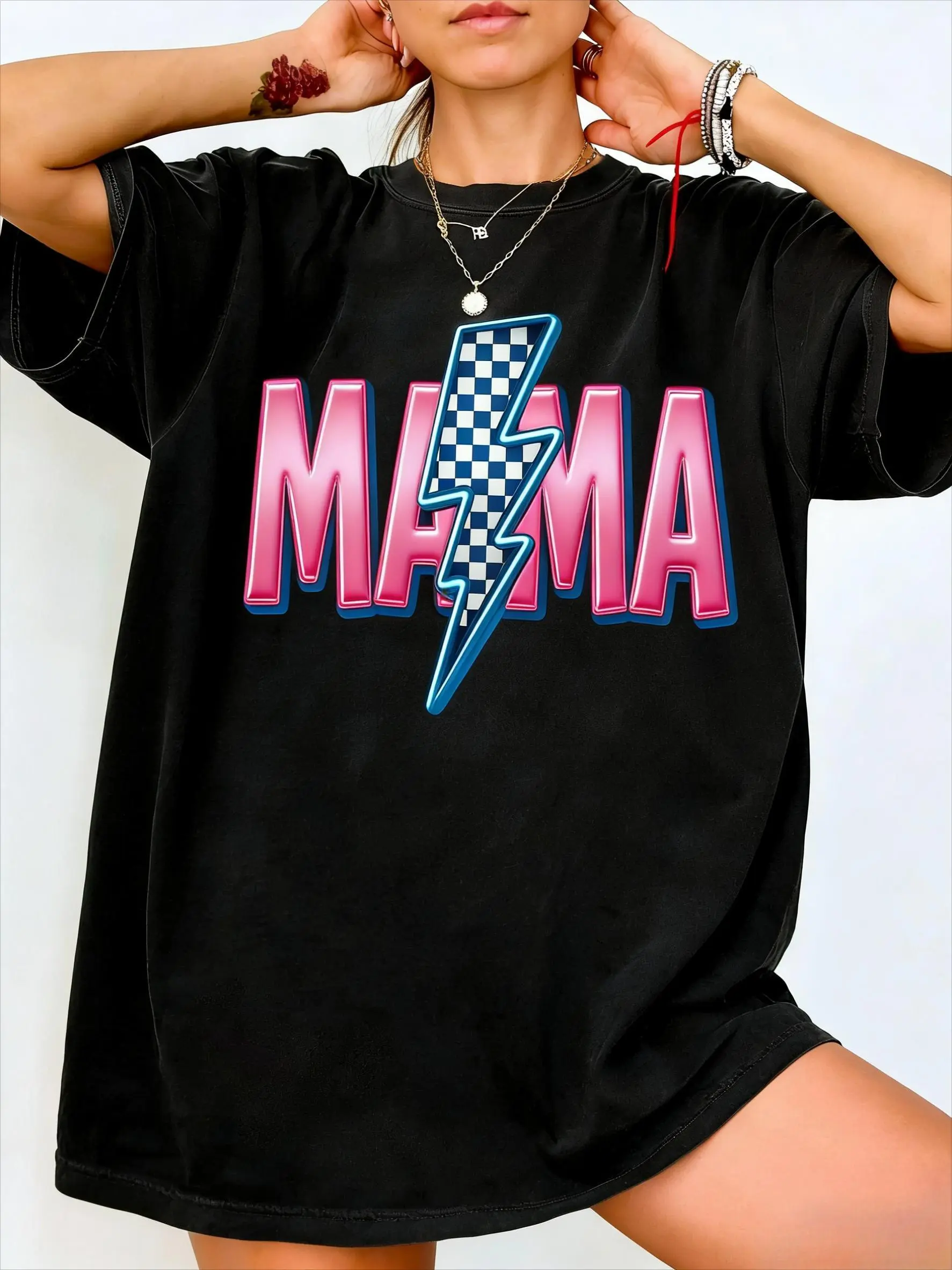 【100% cotton】 Retro Neon Mama Shirt, Checkered Mama Shirt, Cool Mom Graphic Tee, Retro Mama Shirt, Vintage Checkered Mama T-shirt, Mom Tee
