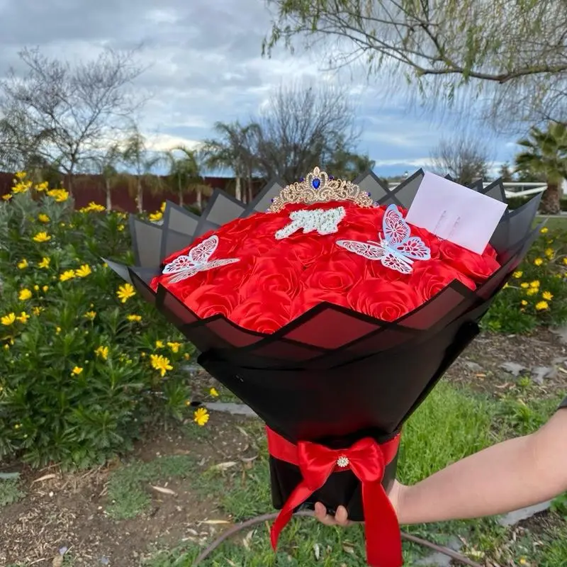 Eternal Decorative Red Rose Bouquet - 35 Ribbon Roses with Initial & Butterflies, Ideal for Your Girl, Wedding Gift & Party Gifts, Home Decor Accent