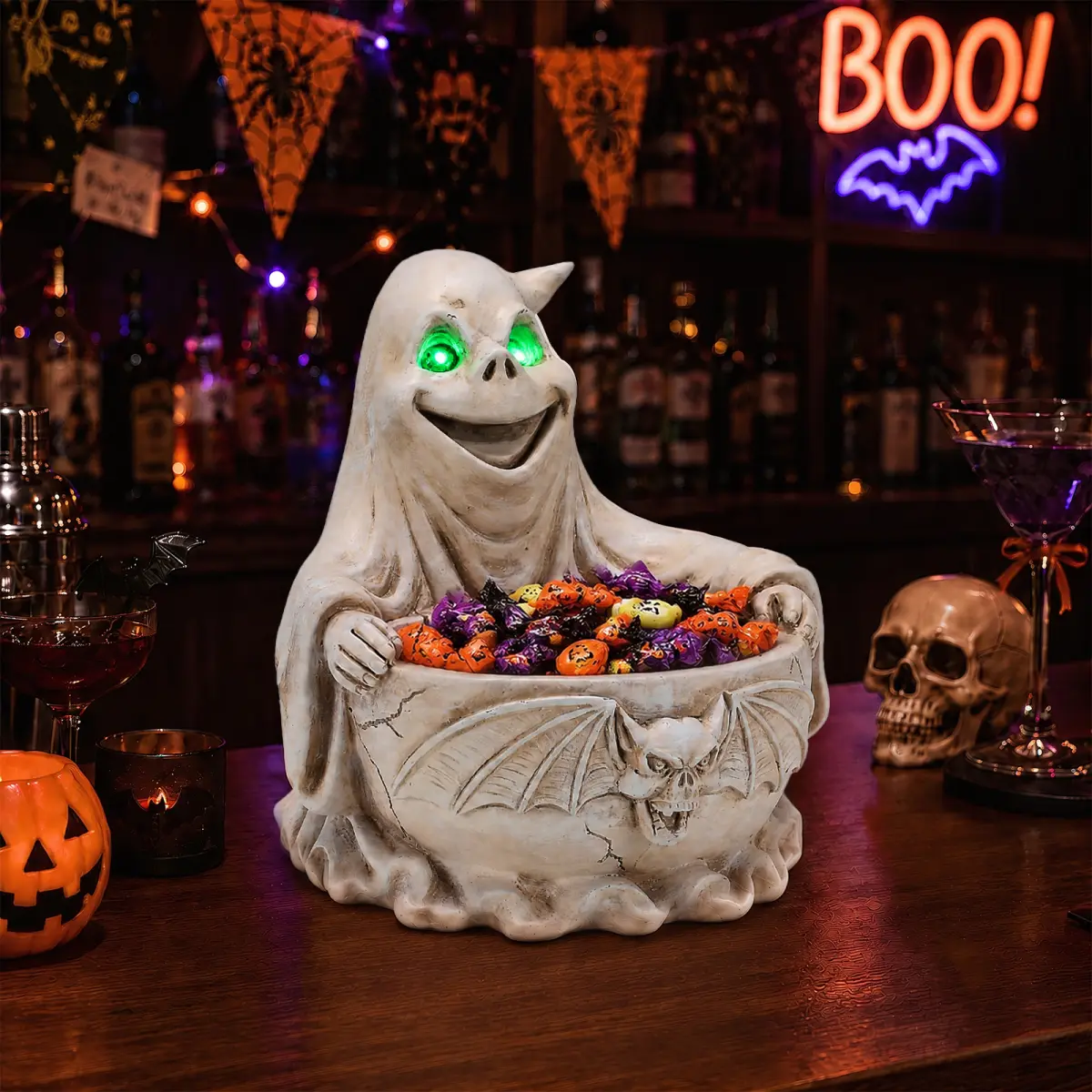 Halloween Ghost Storage Bowl Figurine, LED Light Up Spooky Candy Dish, Resin Decorative Tabletop Snack Container, Cute Spooky Ornament for Home Mantel Shelf Desk Trick or Treat Halloween Holiday Party Decor