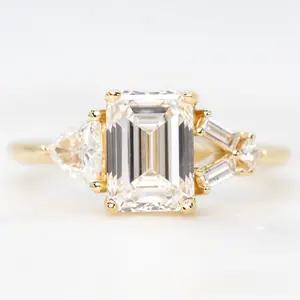 Meridith Ring with a 1.91 Carat Emerald Cut Lab Grown Diamond and Natural White Accent Diamonds in 14k Yellow Gold - Ready to Size and Ship