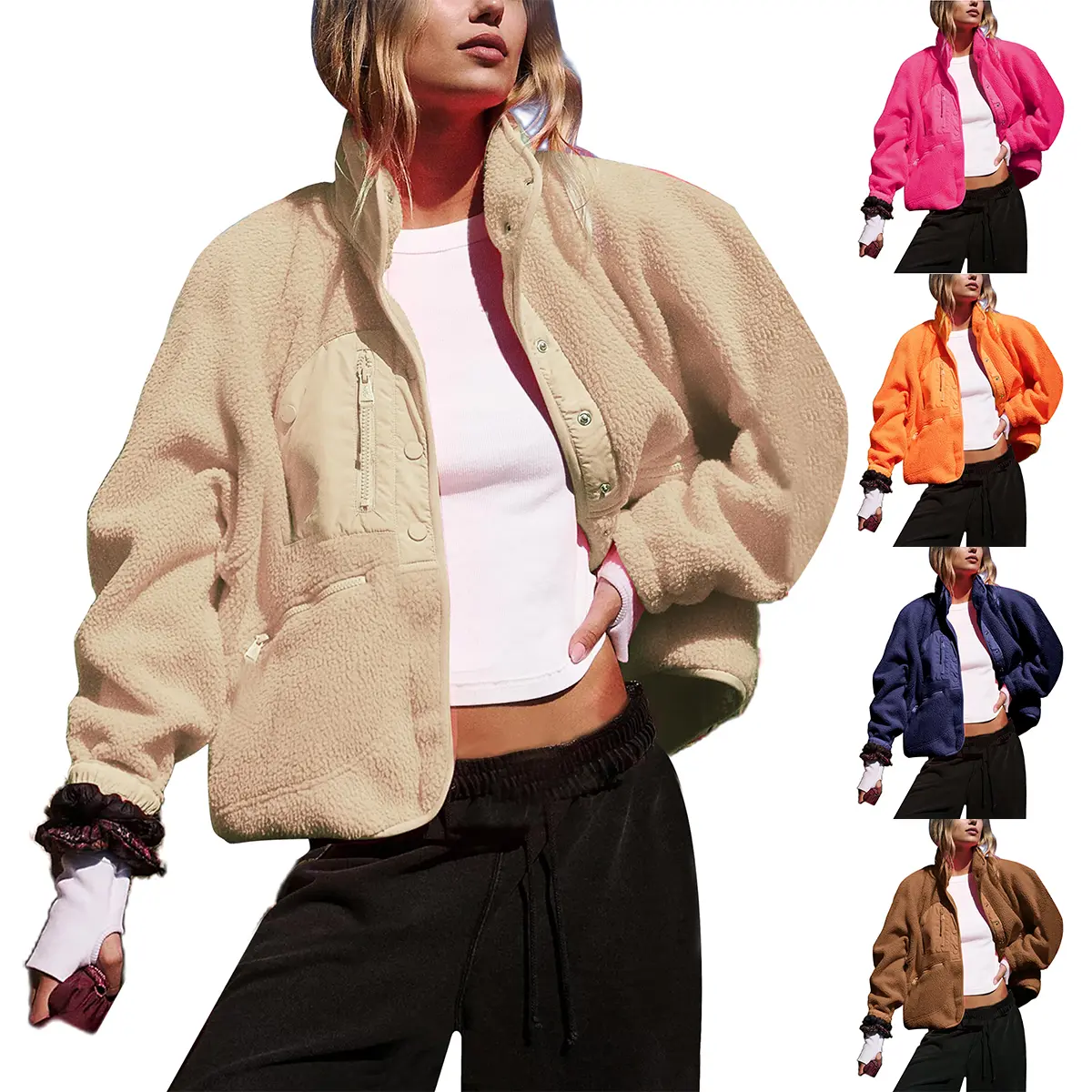 Kingapril Women's Cropped Sherpa Lined Fleece Jacket Winter Warm Button Down Fuzzy Coats Shacket Outerwear with Pockets