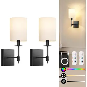 2pcs 14.5in Wall Sconces, Rechargeable Wireless Wall Lights with Remote & White Fabric Shade, Indoor Not Hardwired Dimmable Wall Lamps for Bedroom, 2 Bulbs Included