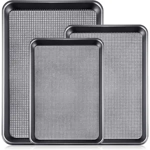 Baking Pan Set of 3, Cookie Sheets For Baking with Square Texture Pattern, Thicker Carbon Steel Non-stick Baking Pan Half/Quarter/Jelly Roll Pans Tray for Oven-Black