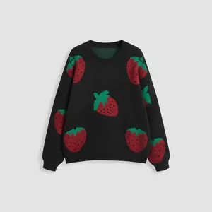 Cider [size 2-26] Knit Round Neckline Strawberry Long Sleeve Top