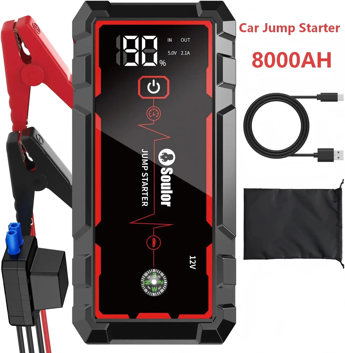 Soulor Car Jump Starter 12V Battery Charger, Portable 8000mAh Car Battery Jump Starter, Emergency Battery Booster Pack with Smart Jumper Cables, LCD Display, LED Flashlight, USB Fast Charging for Gas & Diesel Vehicles