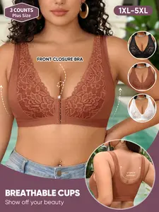 [3 Pack] Women's Plus Size Bras, 1XL-5XL, Full Coverage Front Buckle, Push-Up No Pressure, U-Shape Back, Soft Breathable Lace Trim, Elegance, Underwear