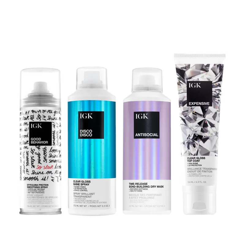 IGK THE CULT CLASSICS BUNDLE | Good Behavior Smoothing Spray + Disco Disco Shine Spray + Antisocial Dry Hair Mask + Expensive Amla Oil Top Coat