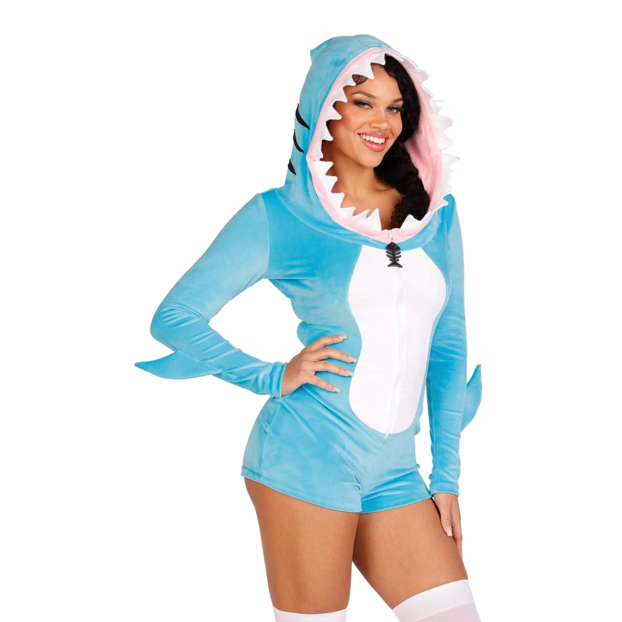 Women's Comfy Marine Animal Costume Clothes Set - Ultra-Soft Plush Romper, Fin Hood with Teeth, Zipper Accessory for Parties, Party