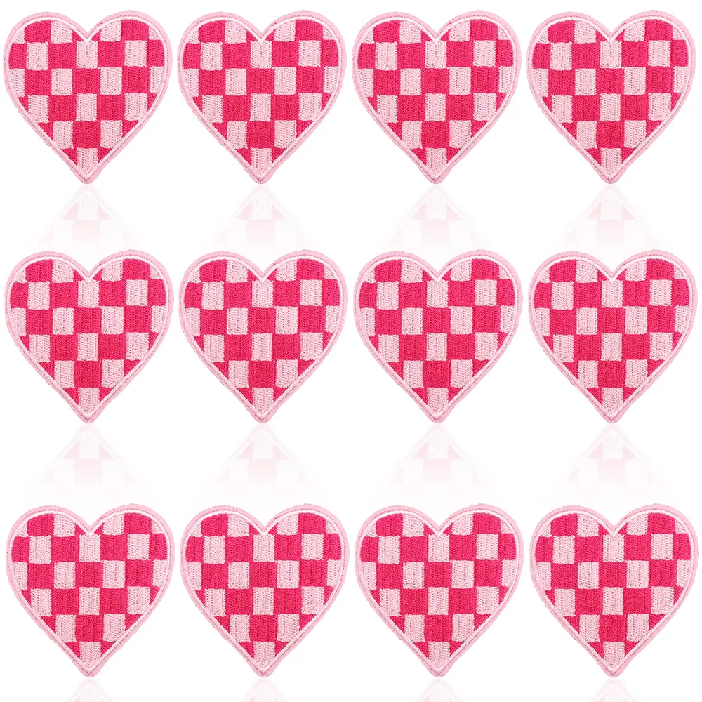 12Pcs Iron On Patches Heart Chrome Checkerboard Embroidery Appliques DIY Decoration Fashion Accessories for Jeans Jackets Hats Clothing Backpacks