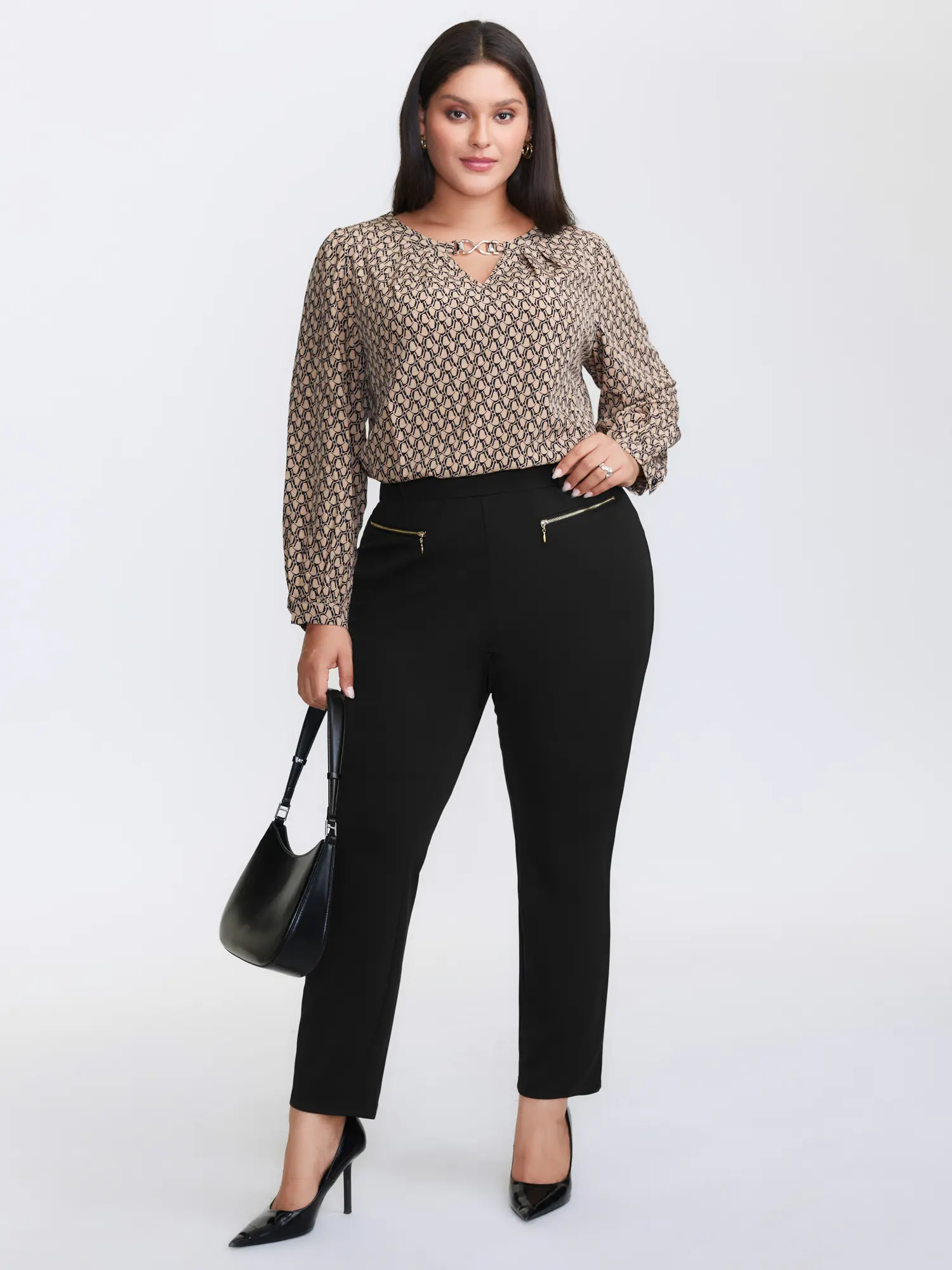 BLOOMCHIC Plus Size Women's Black Spandex-Polyester Fabric Garment - Mid Rise, Fitted Cut, 3/4 Stretch, Full Length, Zipper Front Pockets, Non-Belt Closure, [M-6X] Stretchy Flattering Pants for Summer Women's Bottoms, Women's Clothes