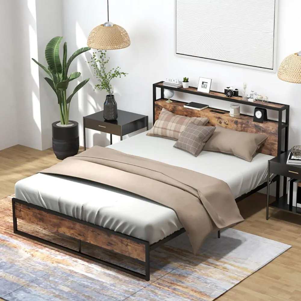 Spaco Queen Size Bed Frame Industrial Platform Bed with Charging Station, 2-Tier Storage Headboard/No Box Spring Needed/Noise-Free