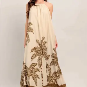 Printed Woven Maxi Dress with Palm Tree Design in Cream and Brown Colors