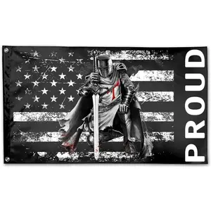 3x5 Rectangular American Flag with Templar Knights Print, Outdoor Banner, Wall Tapestry, Party Decoration Supplies, Home Wall Decor, Gift for Boyfriend,summervibes