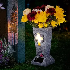 Solar Powered Cemetery Grave Vase with LED Lights for Fresh Artificial Flowers Headstones Vases with Spikes Gravestone Decor Memorial Gifts for Loss of Loved One Durable Resin Metal Spike Design