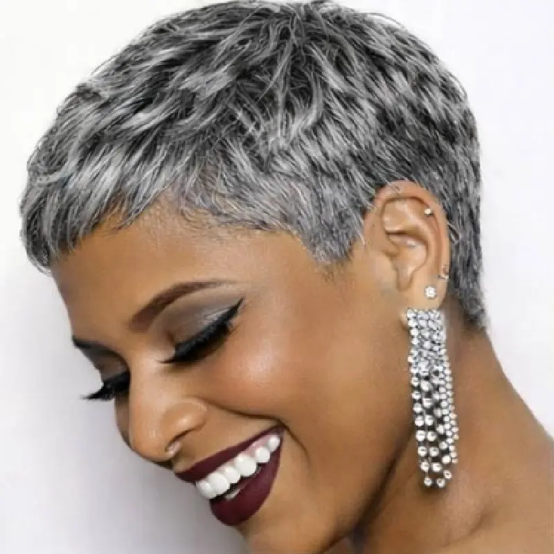 Looking Grey Pixie Cut Wig with Bangs - Glueless Short Human Hair Wig Suitable for Daily Wear, Cosplay & Layered Wavy Hairstyle, Machine-Made Full Density Hairpiece for (No Glue Application)