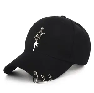 ARAWARA Unisex Black Fitted Cap, K-pop Cap, Baseball Cap with Ring Chain, Metallic Cap, Unique Cap, Cap with Star