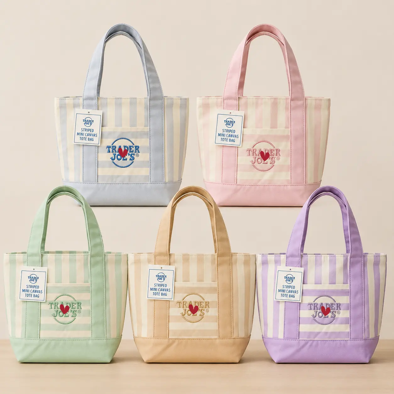 Striped Canvas Tote - Cute Versatile Reusable Grocery Bag, Lightweight Portable Daily Commuting/Casual Commuter Travel Accessory, 4 Pastel Color Options