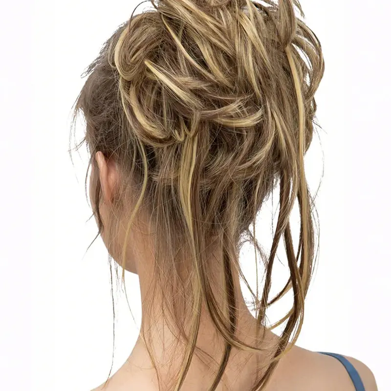 Messy Bun Hair Piece, Curly Hair Bun Extensions with Straight Tails, Synthetic Hair Scrunchies Ponytail Hairpieces for Women, Fake Hair Bun