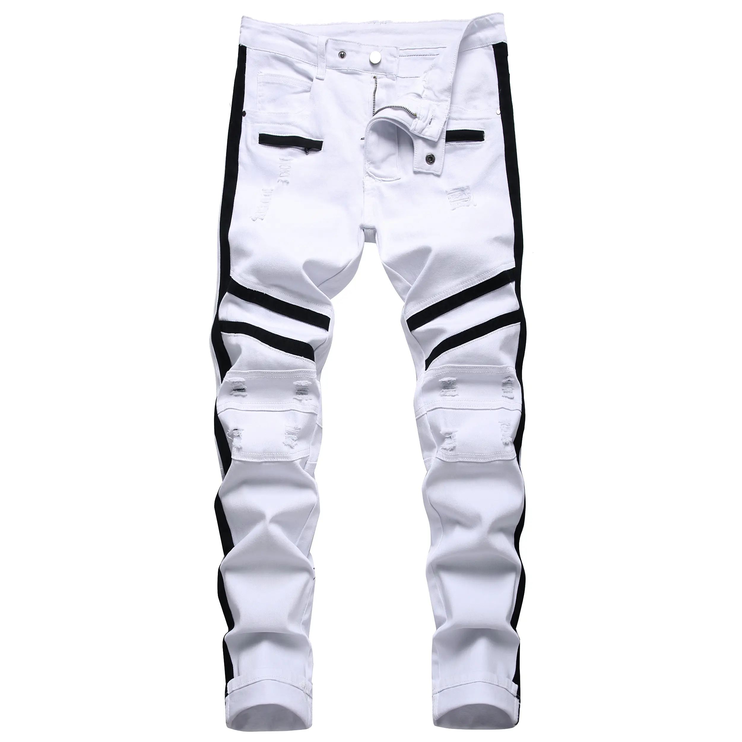Men's White Slim Fit Jeans Ripped Skinny Jeans for Men, Fashion Biker Jeans Stretch Moto Cargo Denim Pants Menswear Trouser  jeans for men baggy jeans for men