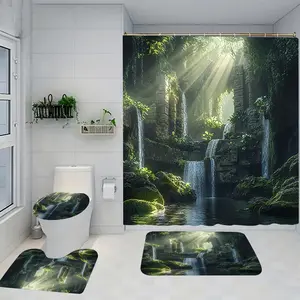 Waterfall Sun Pattern Shower Curtain Set with Rug, Non-Slip Bath Mat, U-Shaped Toilet Lid Cover Pad, Modern Home Decor Accessories