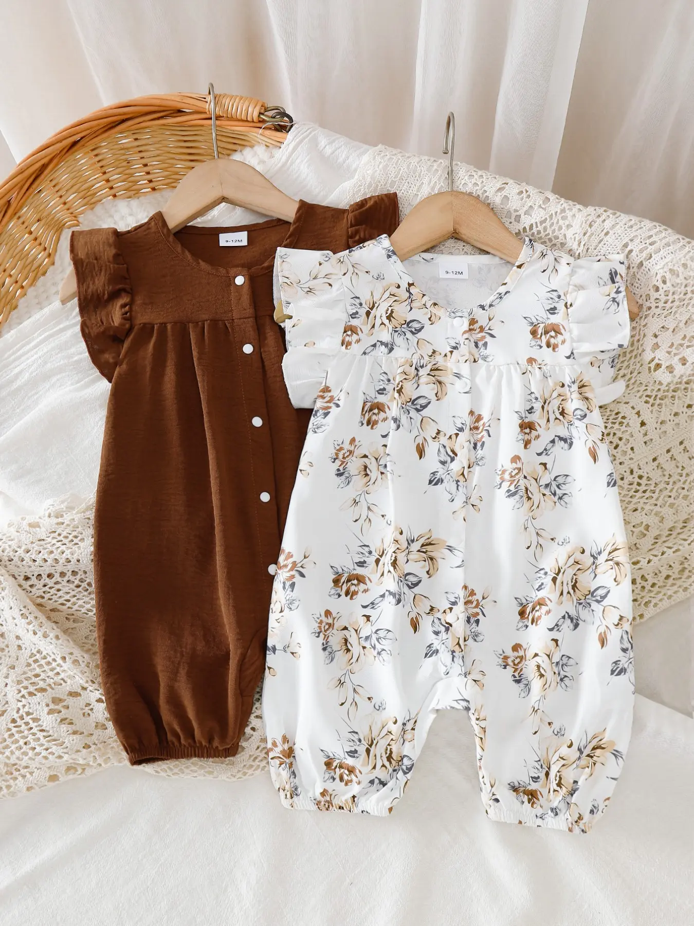 Summer 2-Piece Baby Girls Set, Solid Color Vintage Print Ruffle Sleeve Romper, Snap Button Design, Comfortable Daily Wear, Baby Girl Clothes, Baby Clothing