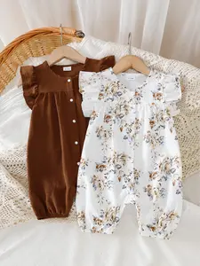 Summer 2-Piece Baby Girls Set, Solid Color Vintage Print Ruffle Sleeve Romper, Snap Button Design, Comfortable Daily Wear, Baby Girl Clothes