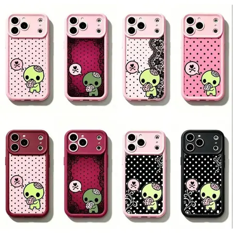 Y2k Kawaii Emo Zombie Soft TPU Smartphone Casing - Pink Black Polka Dot Skull Pattern, Lens Protector, Compatible with iPhone 11-17 Pro Max, Cute Phone Accessories for Women, E-Commerce Mobile Accessory