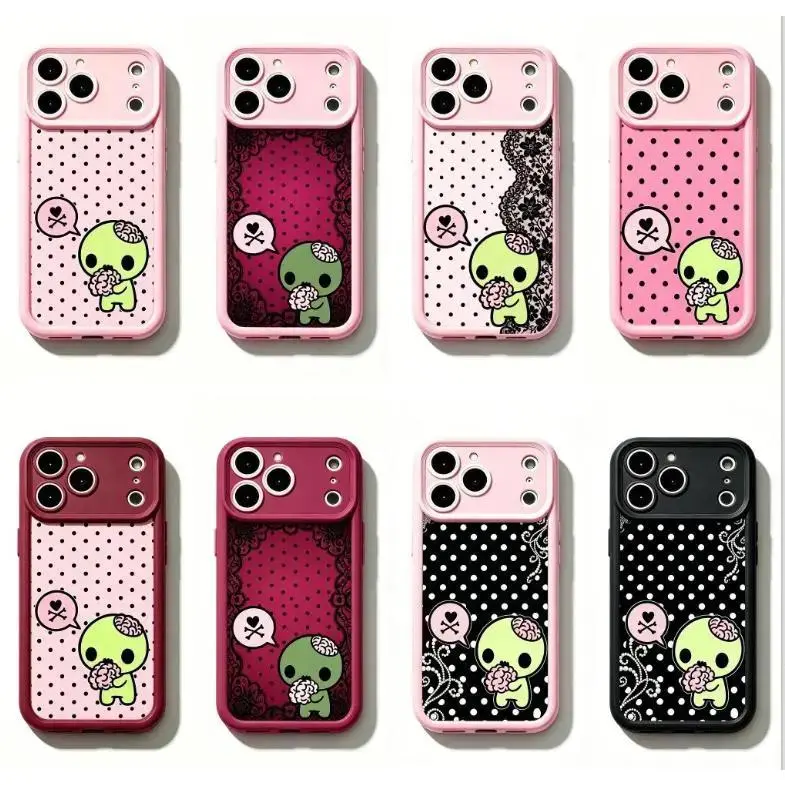Y2k Kawaii Emo Zombie Soft TPU Smartphone Casing - Pink Black Polka Dot Skull Pattern, Lens Protector, Compatible with iPhone 11-17 Pro Max, Cute Phone Accessories for Women, E-Commerce Mobile Accessory