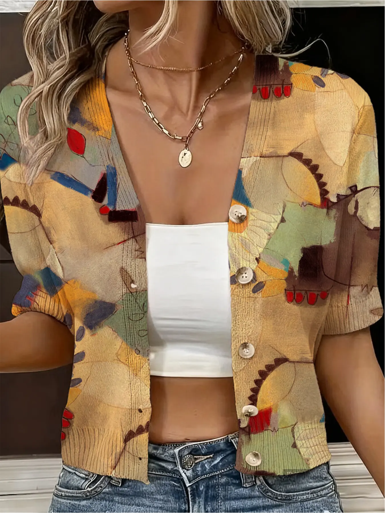 Spring and Summer Collection: V-neck multi-color contrast patchwork printed women's knitted short-sleeved cardigan, blouse, bohemian vacation style, casual and elegant commuting outerwear coverall, bikini coverall, beach coverall, Knitwear, Fitted