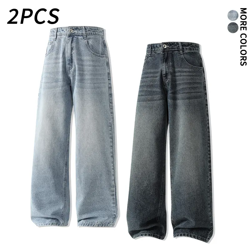 2 PCS/1 PCS Retro Distressed Wide Leg Denim Jeans for Men, High Rise Loose Fit, Street Style Casual Pants vintage bleached pocket