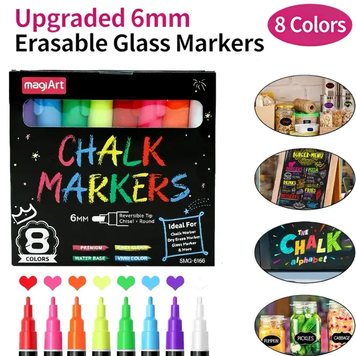8-Color Washable Window Chalk Markers, 6mm Erasable Liquid Chalk Marker Pens with 2-in-1 Reversible Tip, Easy Wipe-Off Car Window Paint Pens for Glass, Mirrors, Chalkboards, Posters & DIY Creations, Vibrant Colors for Fun Displays
