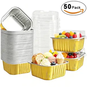 Pack of 50 Mini Square Baking Cups with Lids, 5oz Aluminum Foil Mini Cake Pans with Lids,Disposable Cake Pans,150ml Dessert Cups Cupcake Pans for Wedding Birthday Party
