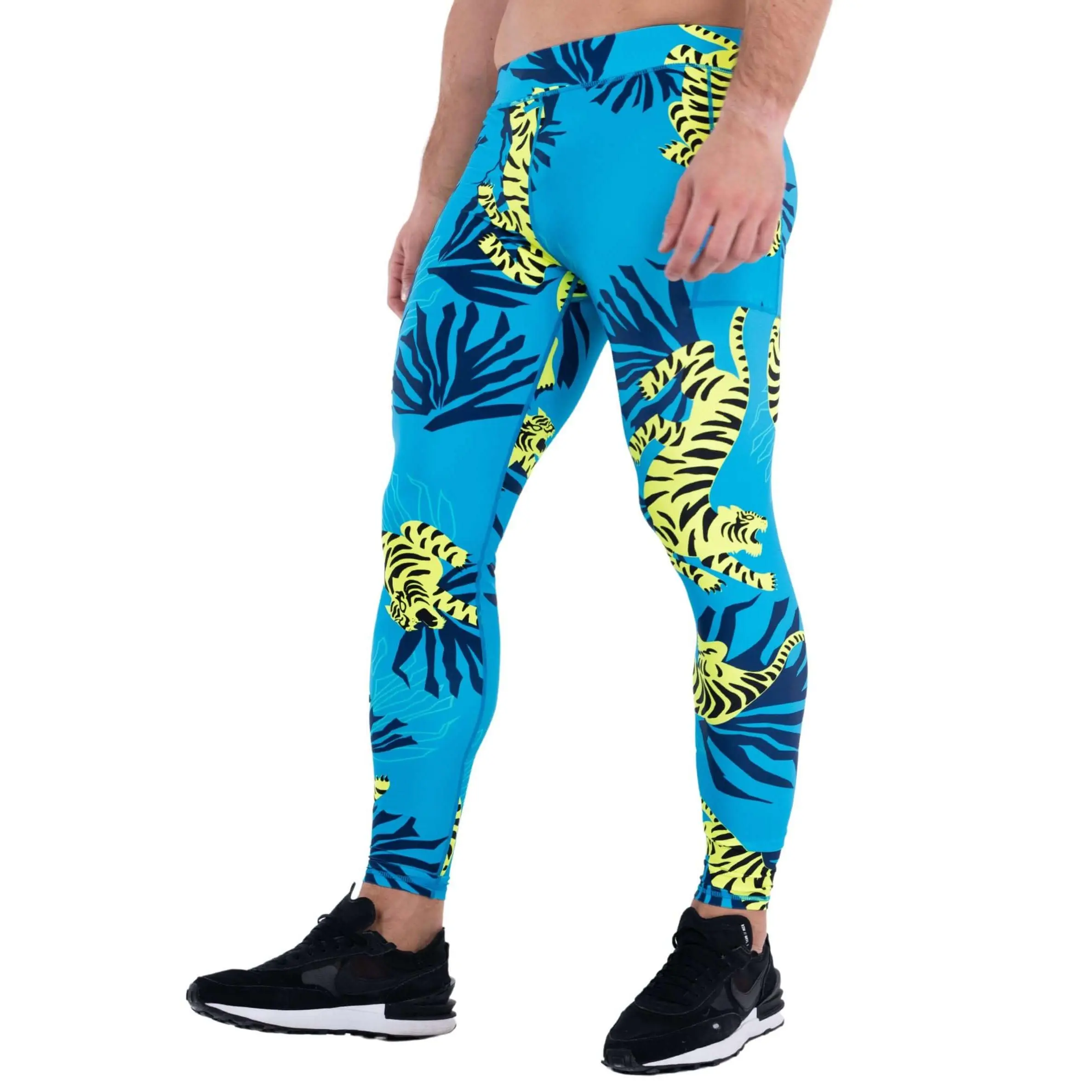 Kapow Meggings Neon Tiger Blue & Green Tiger Print Men’s Leggings Activewear with Phone Pocket | Gym, Running, Cycling, Yoga & Fitness Athletic Jogger Pants Athleisure Pants