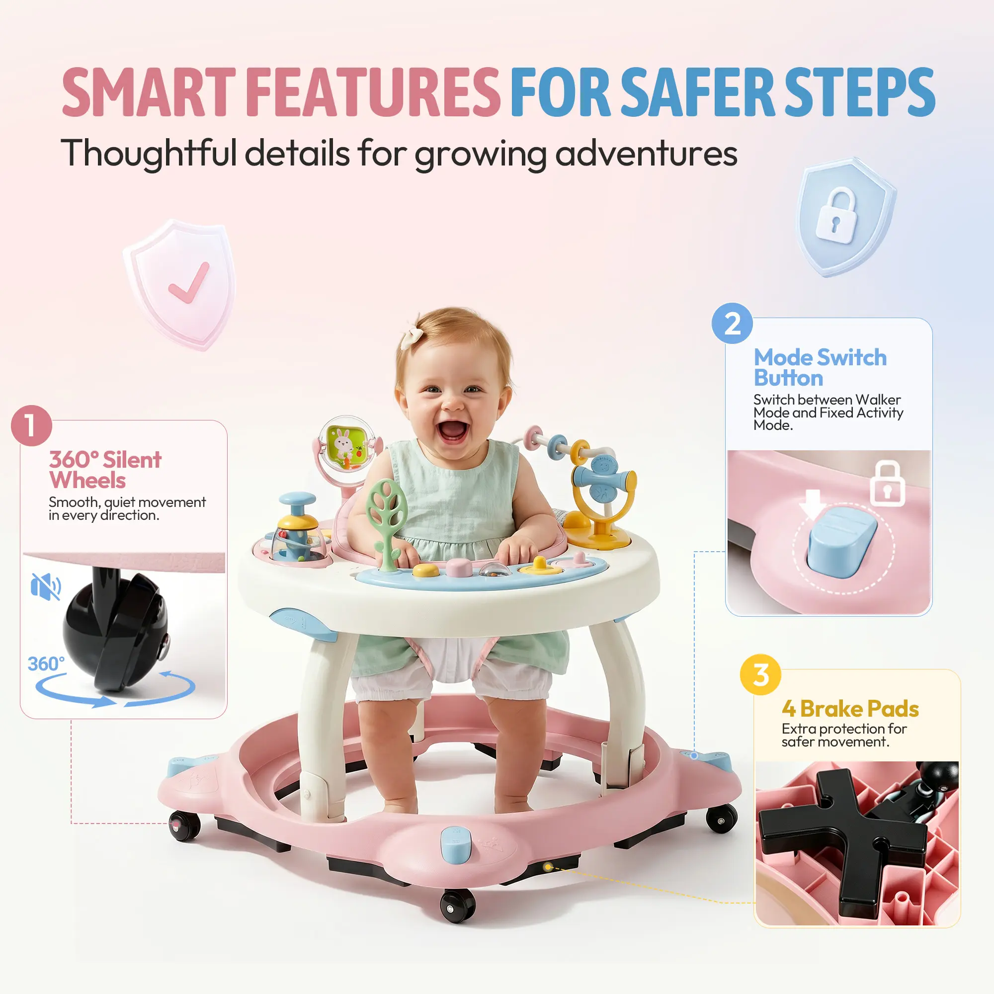PAWTONG Unisex Folding Assistive Mobility Baby Walker for 6–18 Months Infants, Height-Adjustable Activity Walker with Wheels, Portable Design, Wide Anti-Rollover Base