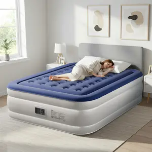 18 Inch Queen Size Air Mattress With Built-In Pump, Elevated Comfort Air Mattress, Quick Inflate/Deflate Air Mattress For Family Guests Camping, Blue&White