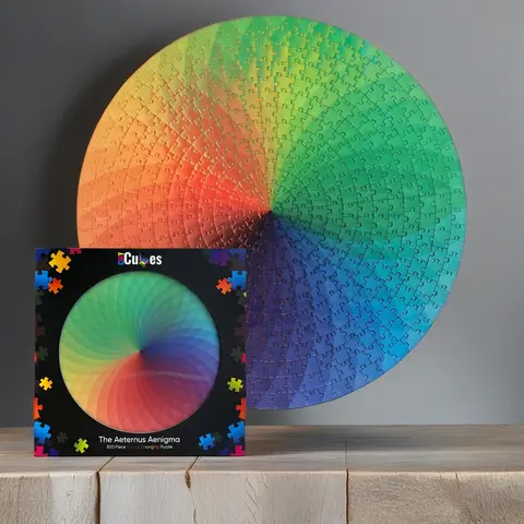 CMY Cubes Aeternus Aenigma Color Changing Round Puzzle - 500-Piece BPA-Free Impossible Jigsaw for Adults, Lenticular Rainbows with 4 Distinct Color States, Viewing Angle-Changing Brain Teaser Gift