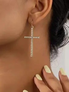 Rhinestone Decor Cross Design Dangle Earrings, Fashionable Jewelry for Women for Party, Daily Clothing Decor, Trendy All-match & Exquisite Jewelry for Birthday Gift