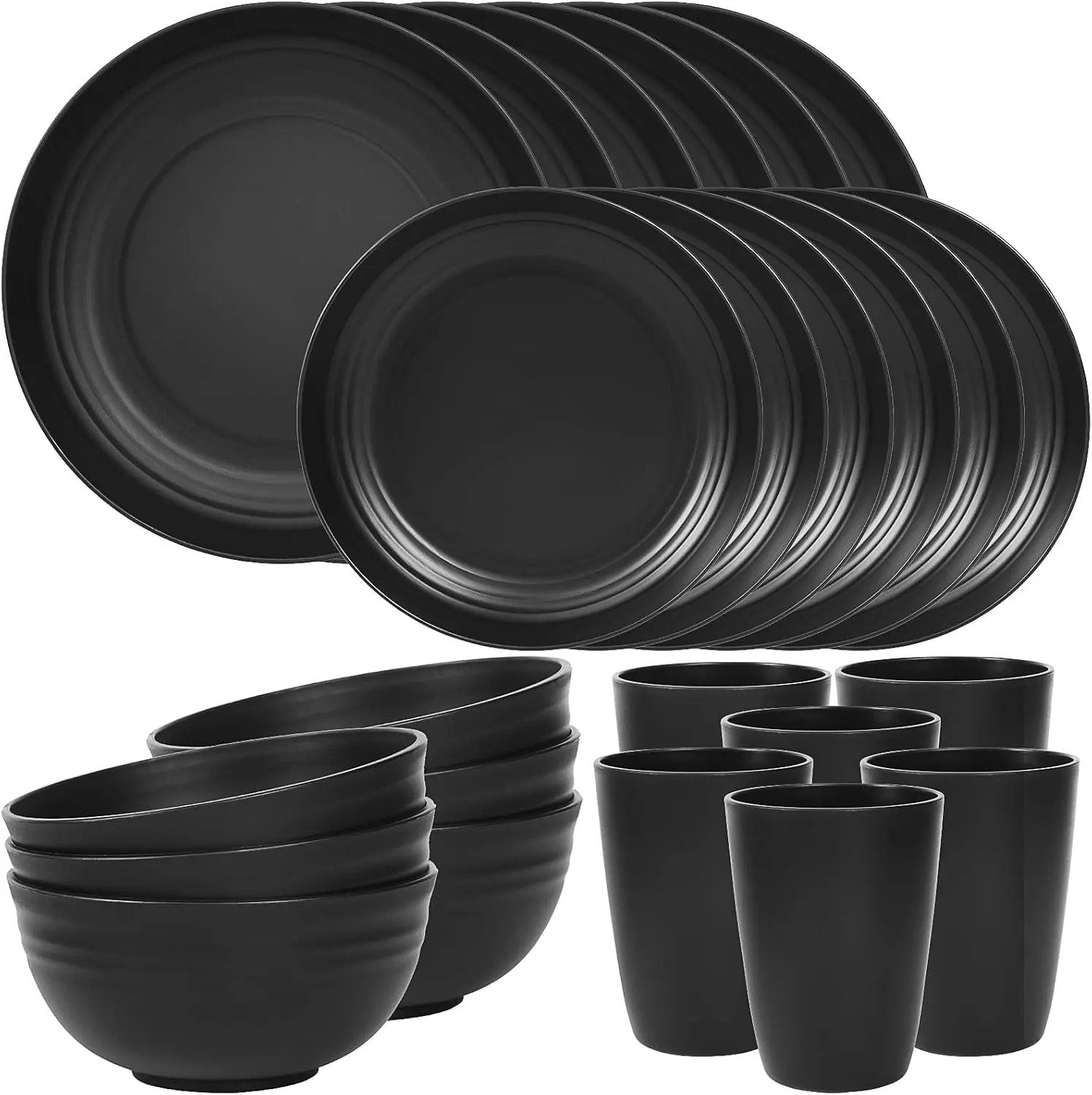 24-Piece Modern Plain Round Shatterproof Dinnerware Set for 6 - Plates & Bowls, Unbreakable, Dishwasher & Microwave Safe, Black Tableware for Home & Housewarming Gift, Daily Elegance Kitchen Dish Set