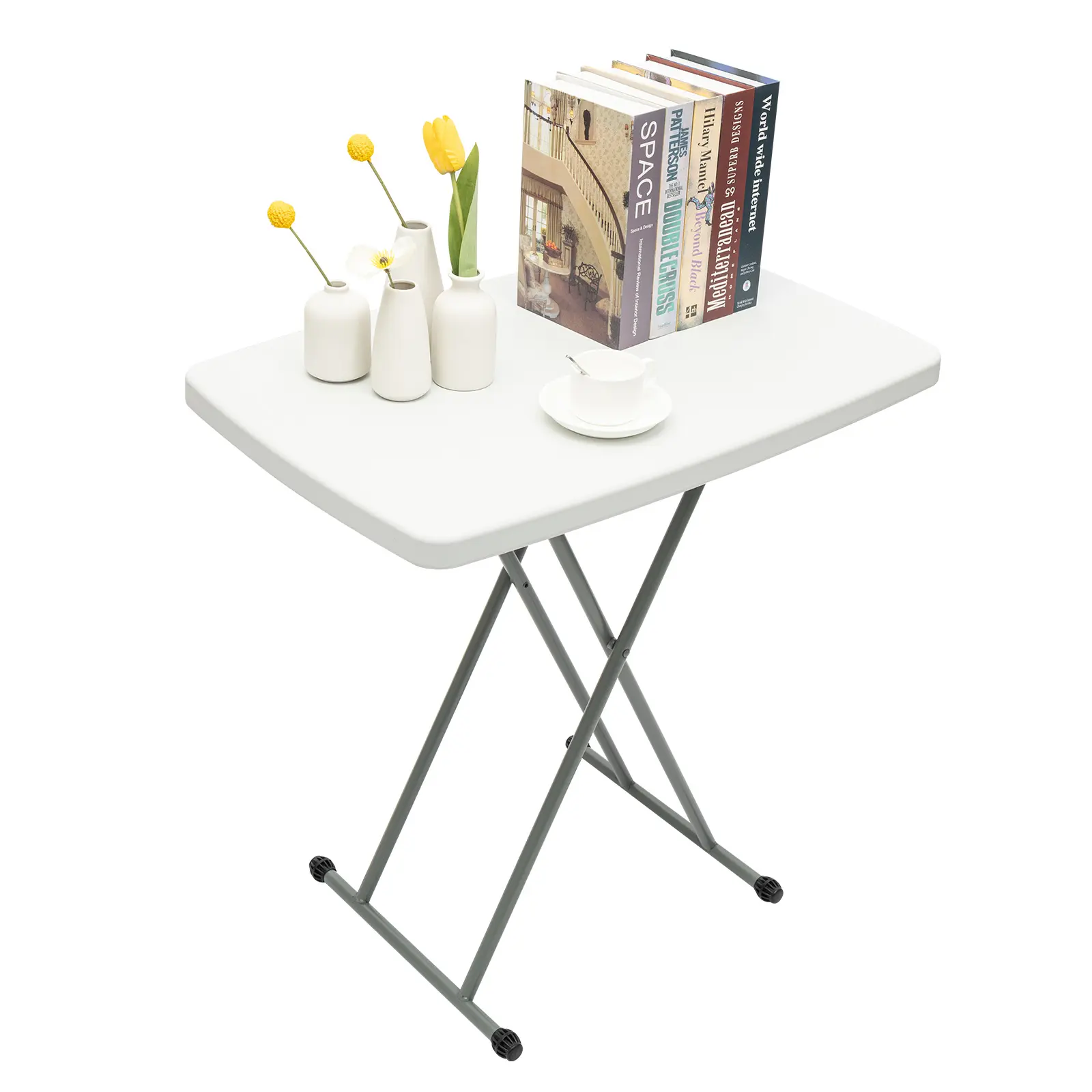 Portable Adjustable Height Expandable Folding Side Table - 8 Grooves, 30.3x19.68 in HDPE Desktop, Steel Frame, 110 lbs Load Capacity, Easy-Clean TV Tray for Home Office, Camping, Father-Son Graduation Gift