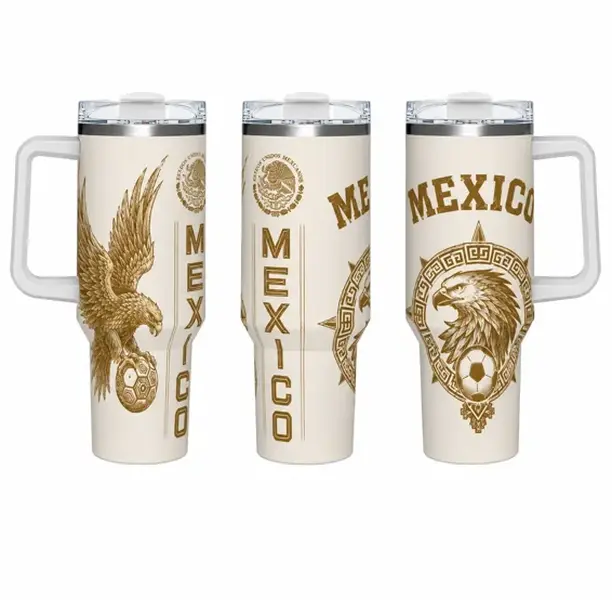 [Gift Box Included] 40oz, 20oz Vintage Gold Tone Mexico National Eagle Coat of Arms Soccer Print Stainless Steel Tumbler with Handle and Straw Vacuum Insulated Travel Mug Fits Car Cup Holder Gift for Mexico Fans