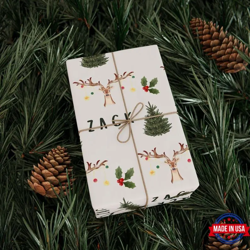 Personalized Deer Christmas Wrapping Paper Custom Name Holiday Gift Wrap for Hunters Outdoorsmen Boy or Teen Rustic Christmas Decor