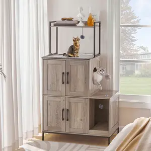 HOOBRO 2 in 1 Hidden Litter Box Furniture with Shelf, Double Litter Box Cabinet with 2 Dangling Plush Balls and 1 Toy Ball, Greige and Black Cat Litter Box Enclosure Furniture #SummerVibes #petlovers
