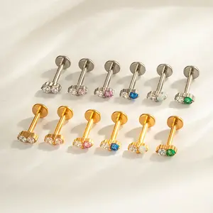 Threadless Flat Back Labret Stud Stainless Steel Push Pin CZ Stud Earring, 8mm Post for Cartilage Tragus Helix Conch Lip